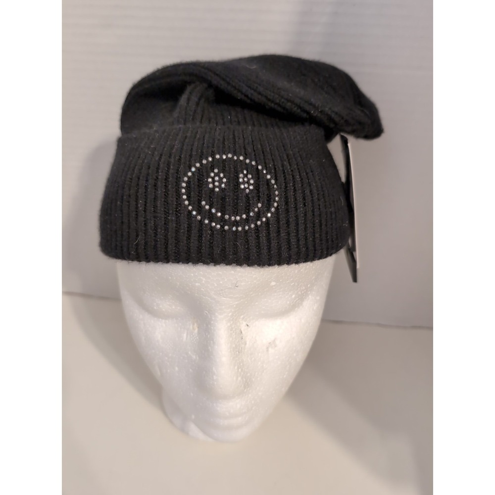 SO Good For Life HLACK Knit Cap With Rhinestone Smiley Face